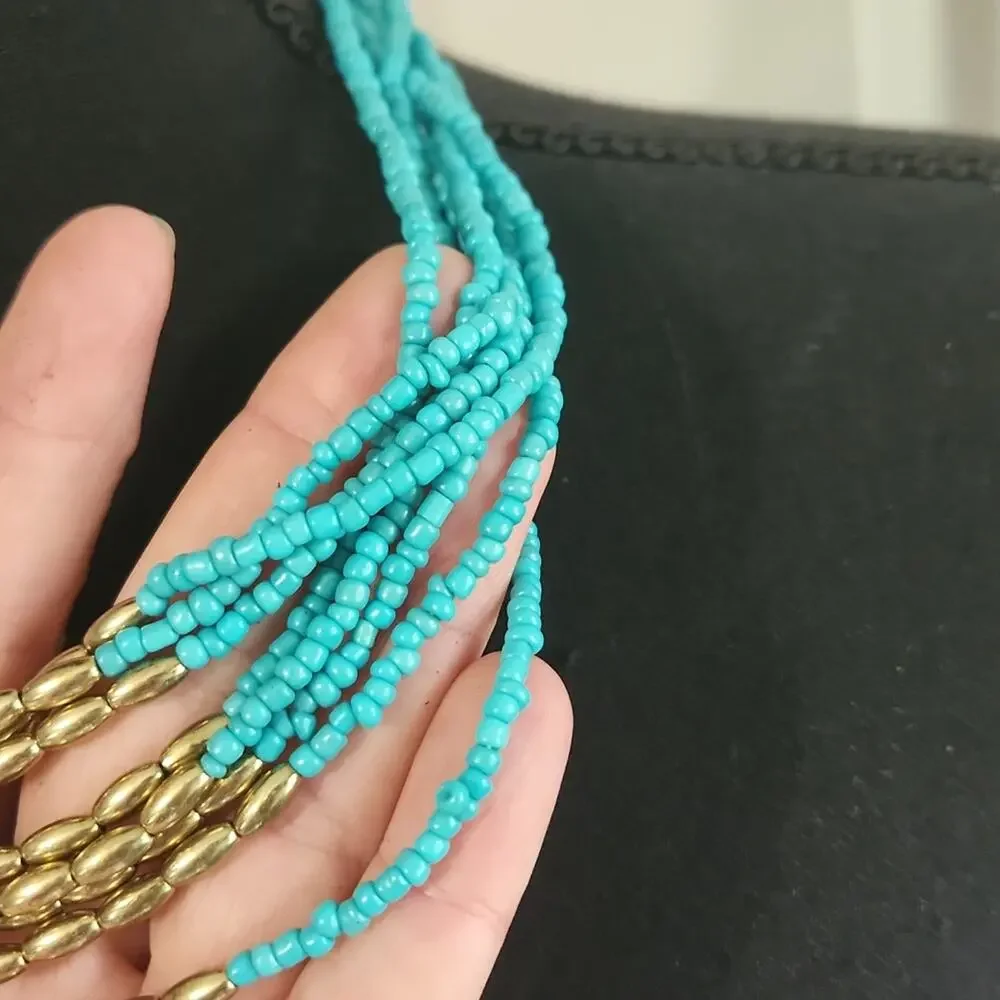 Necklace‎ Blue & Gold Beaded Lobster Claw Clasp